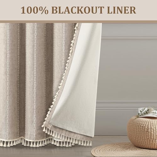 Khaki Brown Boho Blackout Curtains 96 Inch 2 Panels with Tassels (Khaki Brown / 52"W x 96"L (Pack of 2))