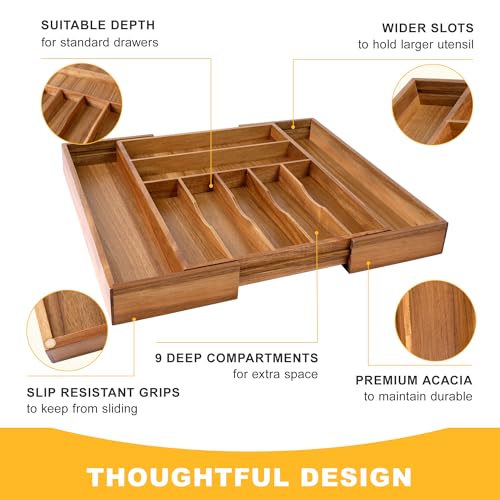 Large Premium Acacia Silverware Organizer (9 Slots Expandable / Acacia)