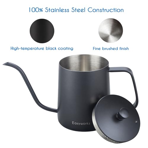Gage Gooseneck Pour Over Coffee Kettle 20 oz Stainless Steel Hand Drip Coffee Pot with Long Narrow Spout (Black)