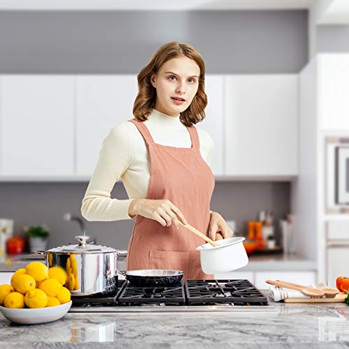 Aprons for Women with Pockets Unisex Comfort Cross Back No Tie Cotton Linen Apron Pinafore for Cooking Painting Floral Arrangement Gardening Cleaning Orange (Orange Red / Medium)