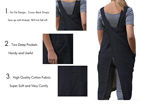 Women’s Pinafore Square Apron Baking Cooking Gardening Works Cross Back Cotton (Small / Black)