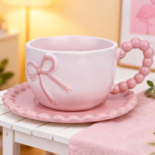 Bow Coffee Mug Pink Coquette Coffee Mugs Set with Saucer 12 OZ Porcelain Tea Cup Bow Cute Mug for Women Girl (#B Pink Bow Coffee Mug)