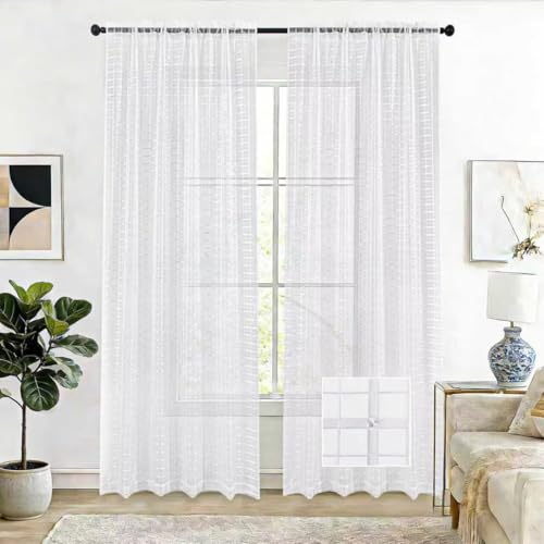 Check Sheer Curtains 63 Inches Long for Living Room (Check - White / 52"W x 63"L (Pack of 2))