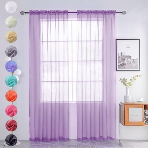 Solid Sheer Rod Pocket Curtain Voile Draperies 2 Panels White Beige Black Grey Coffee 52 Inch Width 63 Inch Long 1 Pair for Kitchen Bedroom Children Living Room Yard (Lavender / 52"W x 63"L (Pack of 2))