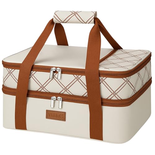 Expandable Casserole Carrier Bag (Stripes Beige / 15.7 x 11.4 x 8.2inch (Double Layer))