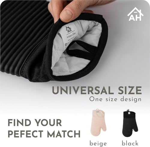 Extra Long Silicone Oven Mitts and Pot Holders Sets (Black)