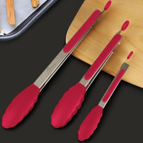 Stainless Steel Kitchen Tongs with Silicone Tips (Red)