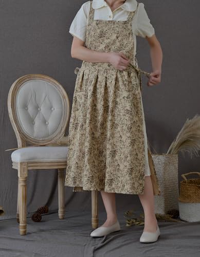 Japanese Cotton Linen Cross Back Work Apron for Women with Pockets Pinafore Dress Smock (04-yellow)
