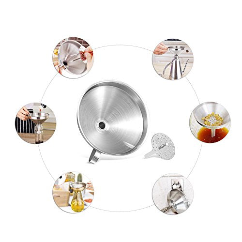 5 Inch Food Grade Stainless Steel Kitchen Funnel with Strainer Filter for Transferring of Liquid Dry Ingredients and Metal Cooking Funnel (1 Pack 5")