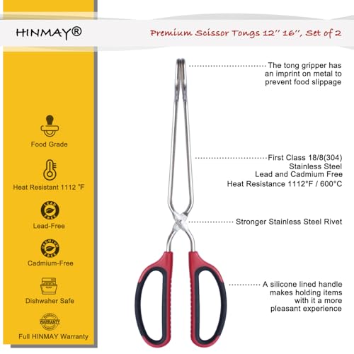 12" 16" Extra Long Stainless Steel Kitchen Scissor Tongs Set (Red / 12" 16")