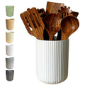 Large Stoneware Kitchen Utensil Holder for Kitchen Counter & Countertop Cooking Utensil Holder Spatula Holder Utensil Crock for Kitchen Counter Vertical Ribbed Fluted Stripe (Matte White)