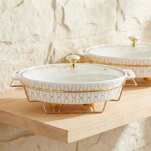 12" x 8" Ceramic Oval Casserole Dish with Glass Lid and rack (White with rack / 14.2 Inch(1.7 qt))