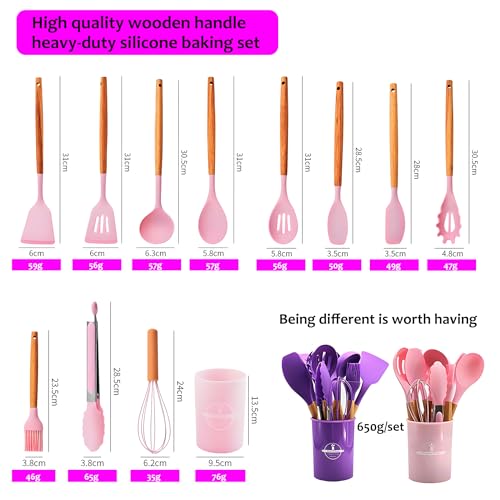 Kitchen Silicone Cooking Utensil Set with Wooden Handles Holder (Green -12pcs Sets)