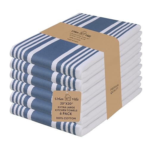 Kitchen Towels 100% Cotton Dish Towels for Kitchen (20" x 30" (Set of 6) / 001 Indigo Blue/White)