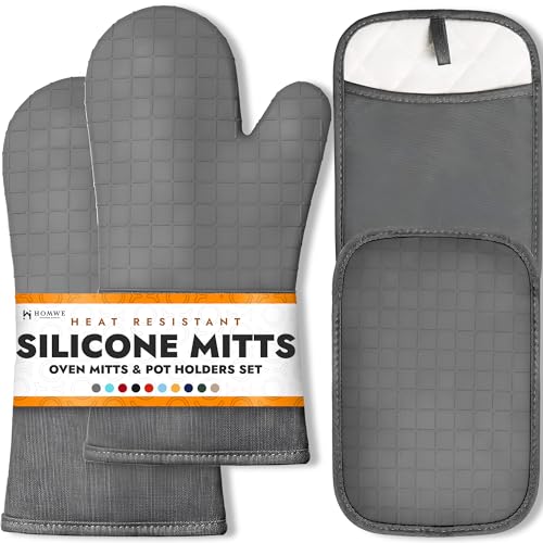 BPA Free Soft Silicone 4 Piece Oven Mitts & Pot Holders Set (Gray / 4-Piece Oven Mitts & Pot Holders Set)