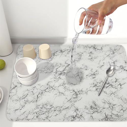 White Grey Marble Dish Drying Mat for Kitchen Counter Modern Marble Pattern Microfiber Dish Drainer Mat Absorbent Washable Drying Pad Extra Large 18"x24" (Marble White Grey / 24" x 18")