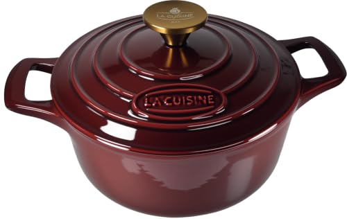 La Cuisine Enameled Cast Iron Dutch Oven Casserole Pot with Golden handle for Lid (2.1 QT Round / Cranberry)
