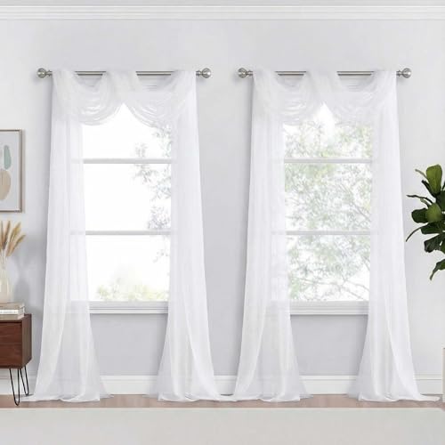 White Sheer Curtains 216 Inches Long (42"W x 216"L (Pack of 2) / White)
