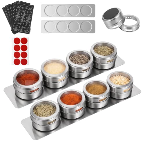 8Pcs Magnetic Spice Rack with 2 Metal Plates Magnetic Spice Jars for Fridge