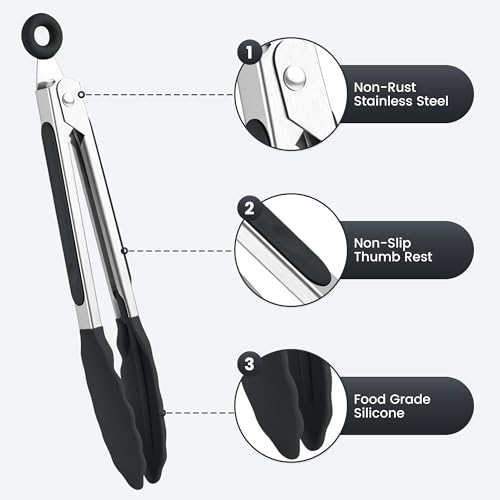 6PCS 7 Inch Silicone Tongs Set (7", 6PCS, Black)