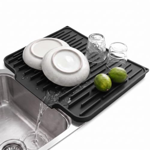 Foldable Silicone Dish Drying Mat for Kitchen Counter & Sink (Black / 15.7" x 12.3")
