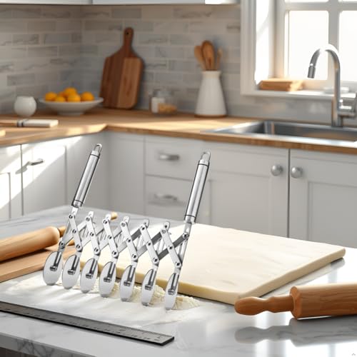 Brand Pastry Cutter with Grinder Spaghetti Dough Roller Knife Stainless Steel Pizza Slicer Pasta Wheeling Attice Roller Adjustable Dough Divider with Handle (7 Wheels)