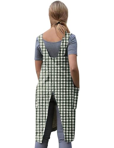 Women's Plaid Cross Back Apron with Large Pockets Home Kitchen (Large / Plaid5)