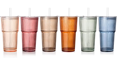 6PCS Ribbed Glass Cups with Lids and Straws (Colored-6)