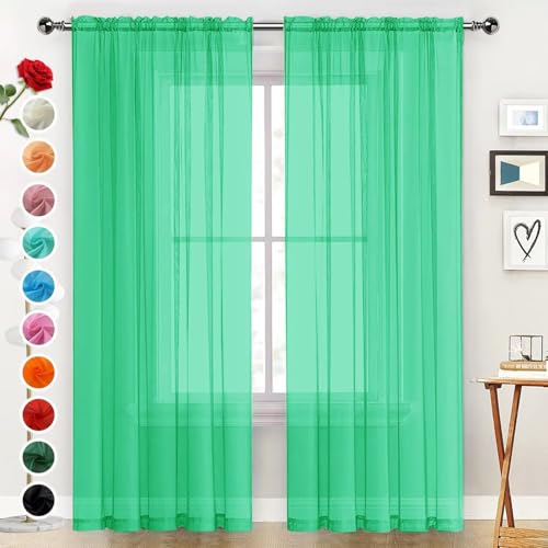 Basic Rod Pocket Sheer Voile Window Curtain Panels Grass Green 1 Pair 2 Panels 52 Width 63 Inch Long for Kitchen Bedroom Children Living Room Yard（Grass Green (Grass Green / 52"W x 63"L (Pack of 2))