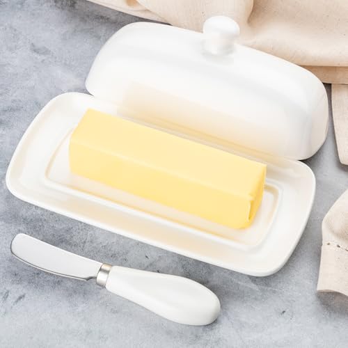 Ceramic Butter Dish with Lid For Countertop & Stainless Steel Knife (White)