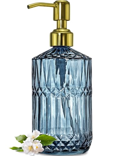 18Oz Blue Glass Soap Dispenser with Golden Pump for Dish Soap (Blue-golden Pump / 1Pack)