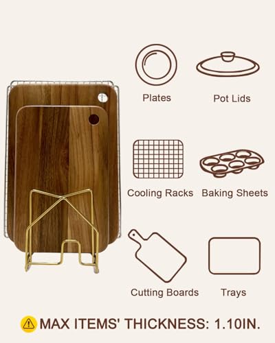 2 Pack Pot Lid Organizer Cutting Board Holder Inside Cabinet 304 Stainless Steel Pot and Pan Organizer Under Cabinet Cookie Sheet Bakeware Serving Tray Cooling Rack Stand Kitchen Countertop Matte Gold (2 Packs Matte Gold)