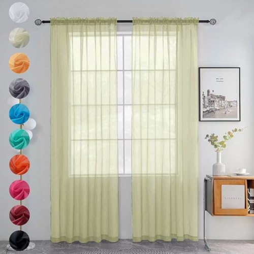 Solid Sheer Rod Pocket Curtain Voile Draperies 2 Panels White Beige Black Grey Ivory 52 Inch Width 63 Inch Long 1 Pair for Kitchen Bedroom Children Living Room Yard (Sage Green / 52"W x 63"L (Pack of 2))