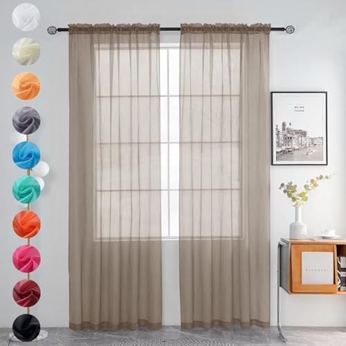 Solid Sheer Rod Pocket Curtain Voile Draperies 2 Panels White Beige Black Grey Ivory 52 Inch Width 90 Inch Long 1 Pair for Kitchen Bedroom Children Living Room Yard (Taupe / 52"W x 90"L (Pack of 2))