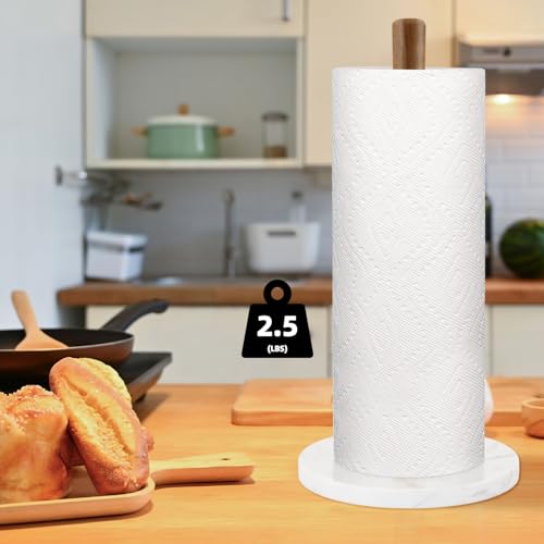 Acacia Wood Paper Towel Holder with Marble Base (Round Base / White)