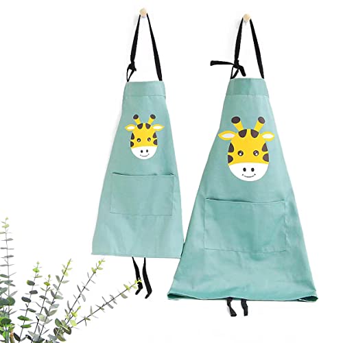 2 Pack Cotton Adjustable Parent and Child Apron with Pockets Great Gift For Adult and Kid Baking (Giraffe)