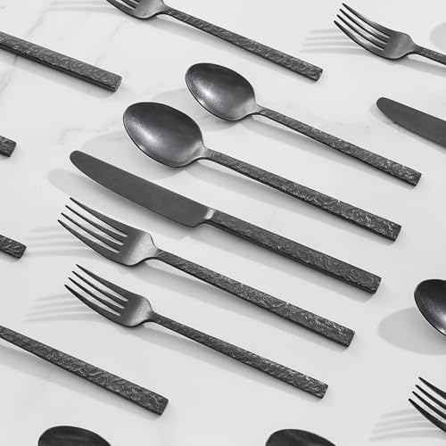 30 Pcs Black Hammered Silverware Set for 6 (Black / 30-Piece)