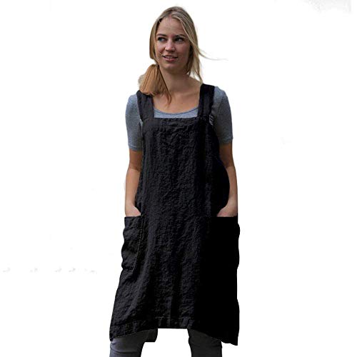 Women’s Pinafore Square Apron Baking Cooking Gardening Works Cross Back Cotton (X-Large / Black)