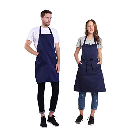 Adjustable Bib Apron with Pocket Extra Long Ties for Women Men (Navy)
