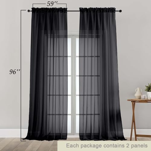Black Sheer Curtains for Bedroom Living Room 96 Inches Long 2 Panels (Black / 59"W x 96"L (Pack of 2))