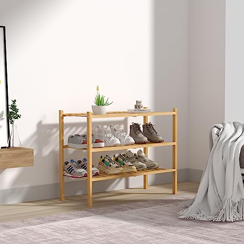 3 Tier Bamboo Shoe Rack for Closet Free Standing Wood Shoe Shelf Storage Organizer for Entryway Small Space Stackable 27"x11"x20" (Natural / 3 Tier)