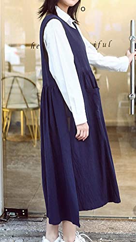 Women Plus Size Cotton Linen Vintage Pleated Split Apron Pinafore Dress with Two Pockets (Navy / 43.4"L)
