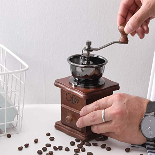 Manual Coffee Grinder Wood Vintage Antique Ceramic Hand Crank Coffee Mill With Adjustable Gear Setting Portable Hand Cleaning Brush Included (Wooden)