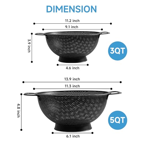2PCS Black Colander for Kitchen (3QT+5QT)