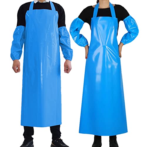 Waterproof Oil Proof Bib Apron Utility Apron Chemical Resistant Apron with Sleeve Work Apron Ultra Lightweight (Blue)
