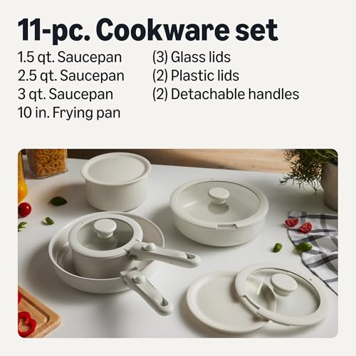 Ceramic Nonstick Cookware Set with Detachable Handles (Ivory)