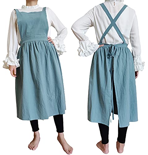 Women Girls Vintage Apron Gardening Works Cross Back Pinafore Dress (Green / One Size)