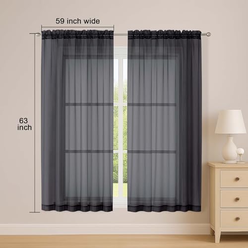 Black Sheer Curtains 63 Inch Long 2 Panels for Living Room 59" Wide (Black / 59"W x 63"L (Pack of 2))