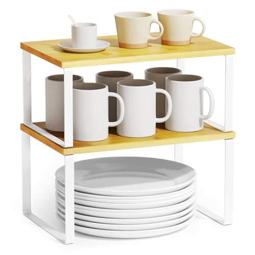 Cabinet Shelf Organizers 2 Pack (11.7"W / White + Natural)