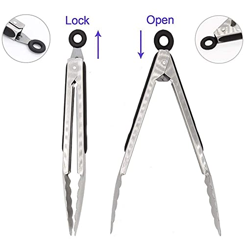304 Stainless Steel Locking Kitchen Tongs (9" & 9" & 12" & 12" / Black)